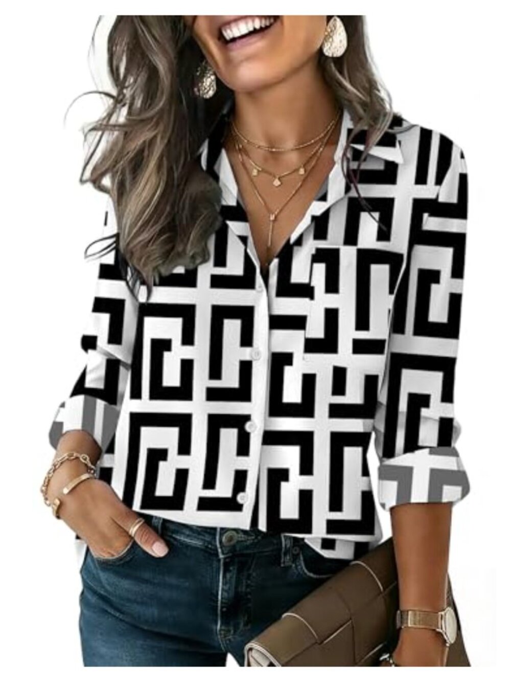 Hotouch Button Down Shirt Long Sleeve V-Neck Blouse Office Casual Top